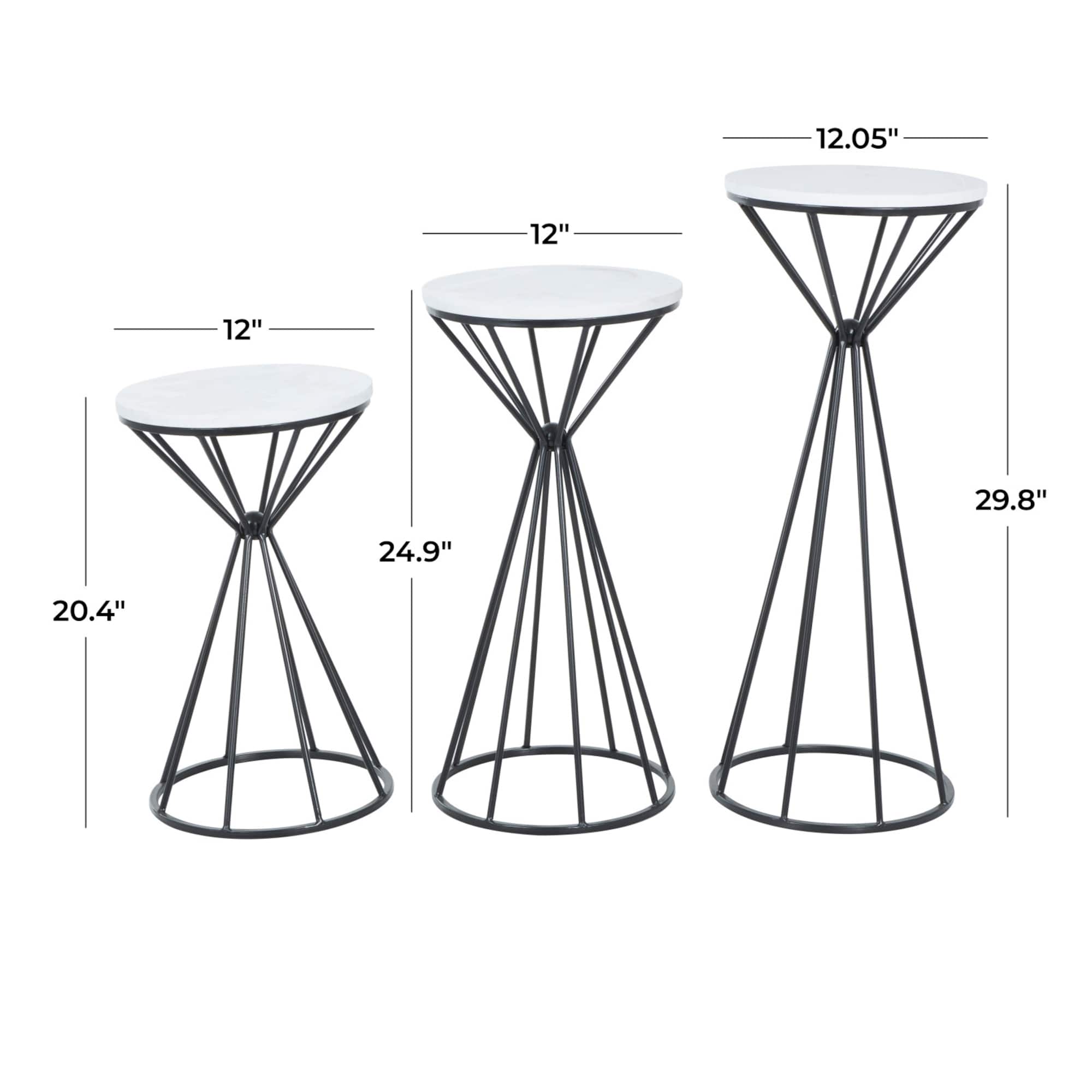 Black Metal Geometric Cone Shaped Rod Plant Stand with Marble Tabletop Set